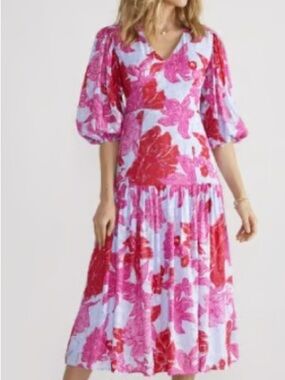 Vineyard Vines Pink & Red Floral Puff-Sleeve Midi Dress